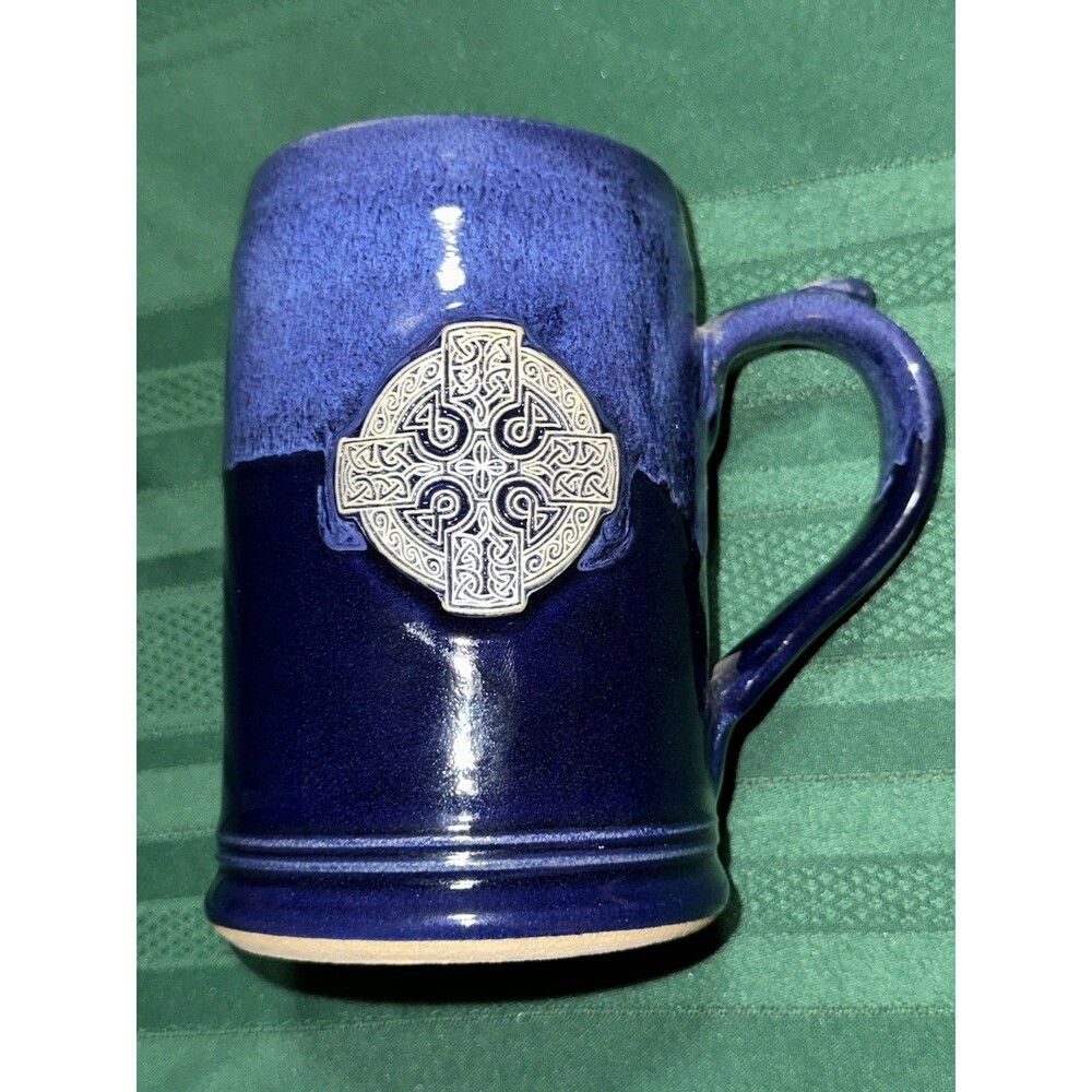 Black Dog Studio Pottery Large Blue Tankard With Celtic Cross Medallion